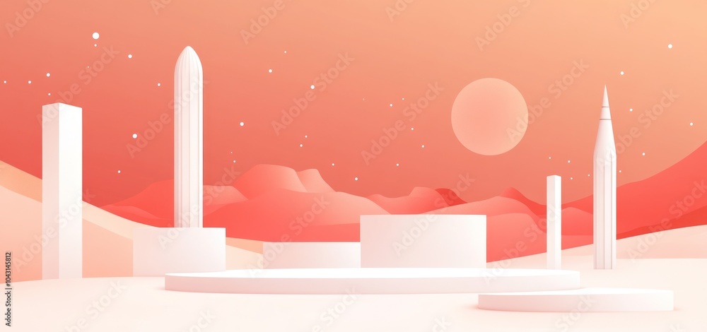 Poster a minimalist landscape featuring abstract structures against a gradient sky.