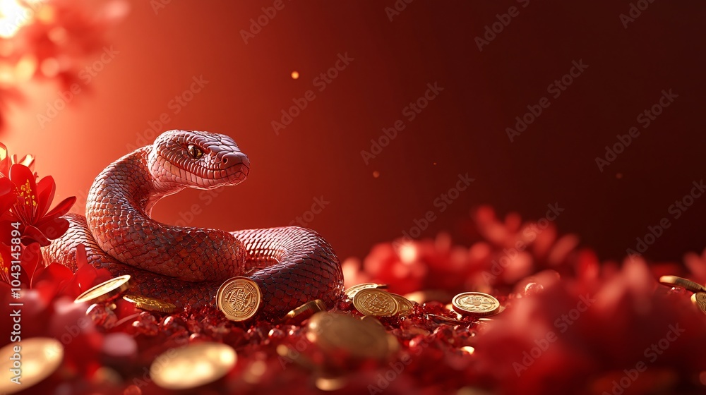 Poster a dazzling snake design surrounded by traditional chinese symbols of wealth and fortune like coins a