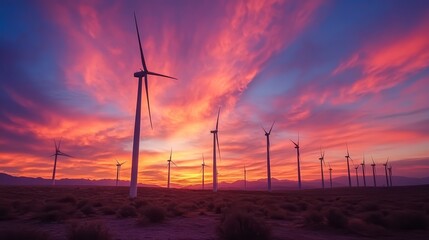 Obraz premium Wind Turbines at Sunset: A breathtaking landscape photo of wind turbines silhouetted against a vibrant sunset sky. Clean energy, environmental sustainability.