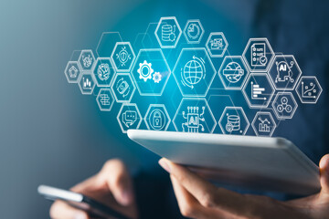 Businessman with digital screen about cyber security. Digital information technology and artificial intelligence concept.