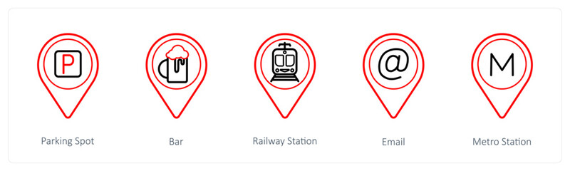 A set of 5 location pointer icons as parking spot, bar, railway station