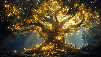 A grand, magical tree at the heart of a fantasy forest, its leaves shimmering with gold and silver, while magical creatures like fairies and elves gather around it, protected by its ancient magic