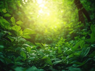 A dense forest filled with vibrant medicinal plants like ashwagandha and holy basil (tulsi), their leaves glowing in the soft forest light, symbolizing the ancient healing traditions rooted in nature