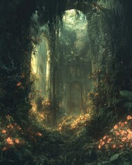 Obraz premium A dense fantasy forest filled with glowing vines and enchanted flowers, where mysterious ruins of an ancient civilization lie hidden beneath the foliage, waiting to be discovered