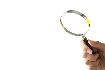Hand holding magnifier tool isolated on white background. discover and research concept.