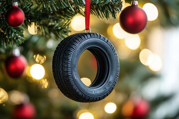 A black tire ornament hangs on a Christmas tree with red baubles.