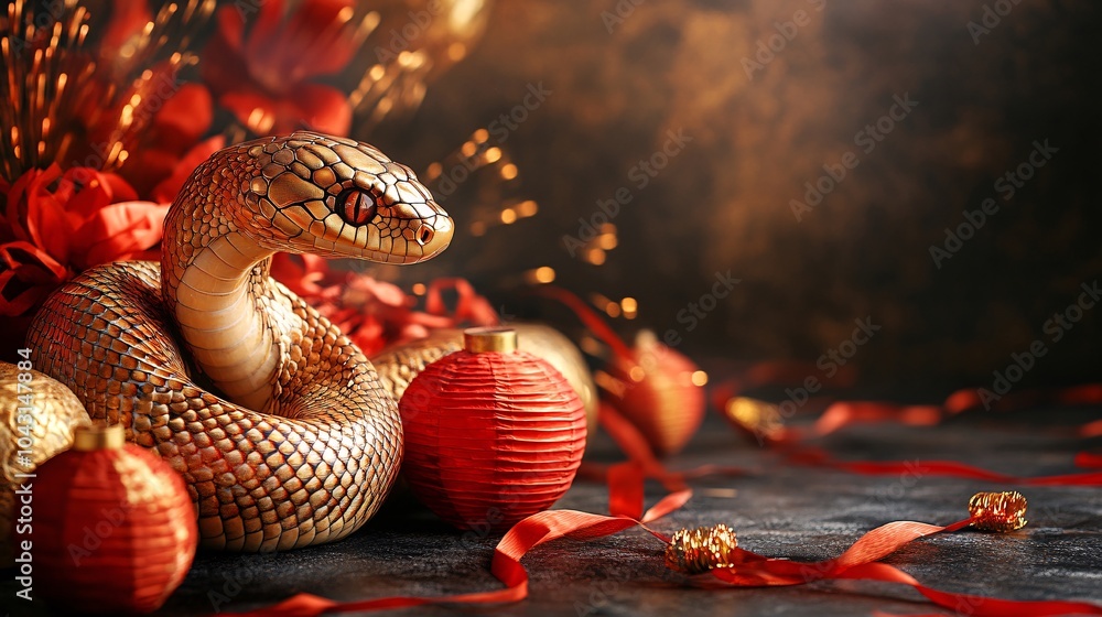 Poster a glittering golden snake set against a dark backdrop filled with red ribbons lanterns and fireworks