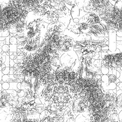 Naklejka premium seamless abstract pattern digital illustration wrapping paper with graphic chaotic oriental hand drown colorful elements watercolor paint snowflakes fabric design print winter style