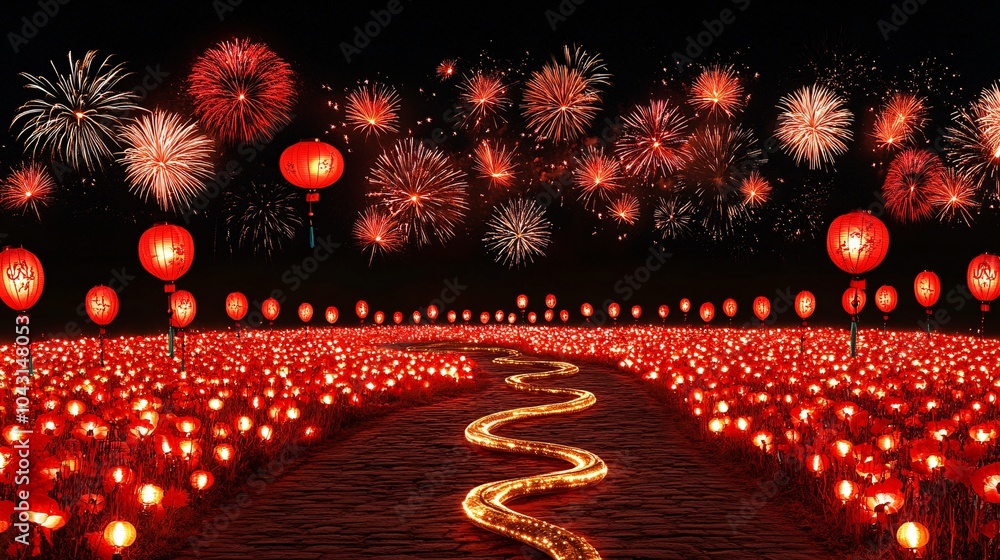 Poster a shimmering gold snake winding through a field of festive red lanterns with fireworks lighting up t