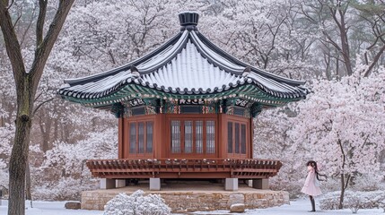 Traditional Korean Pavilion with Snow and Cherry Blossoms
