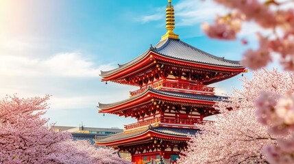Japanese Pagoda with Cherry Blossoms in Spring
