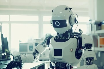 Fototapeta premium Collaboration between engineer and humanoid robot in a modern laboratory setting with advanced tools