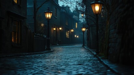 Fototapeta premium A deserted Victorian cobblestone street lit by soft, warm gas lamps. The quiet, empty street has a nostalgic and eerie feel.