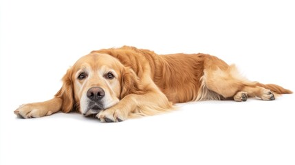 A golden retriever lying down, looking relaxed and attentive.