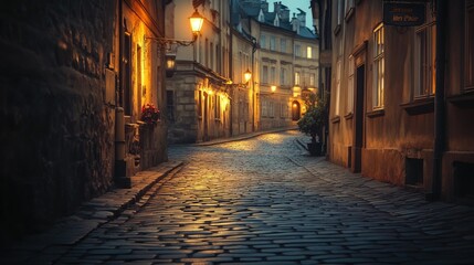 Fototapeta premium A deserted Victorian cobblestone street lit by soft, warm gas lamps. The quiet, empty street has a nostalgic and eerie feel.