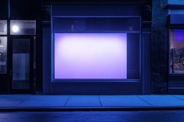 A storefront window with a blank sign glowing purple at night.