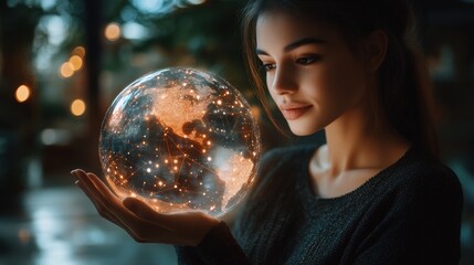 Naklejka premium Woman Holding a Glowing Digital Globe Representing Global Connectivity and Future Technology in a Modern Setting