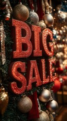 A shimmering silver background with holiday ribbons and bells framing BIG SALE in striking red text...