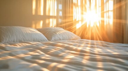 A serene bedroom with crisp white linens and soft lighting as a person relaxes under the covers promoting good sleep hygiene and mental wellness Stock Photo with side copy space