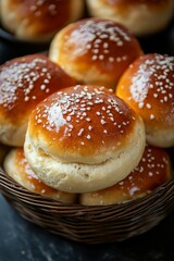 Buttery Dinner Rolls: A basket of freshly baked, golden-brown dinner rolls, brushed with melted butter and sprinkled with sea salt, with a soft and fluffy texture visible in the close-up.