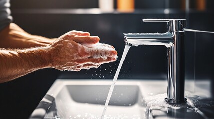 A person washing their hands under clean running water in a modern bathroom representing good hygiene practices for overall health and wellness Stock Photo with side copy space