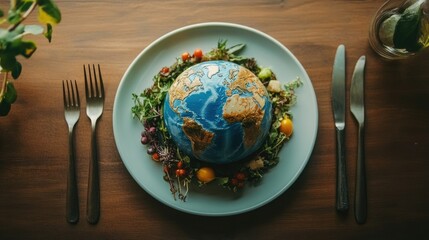 A globe positioned as food on a dinner plate with cutlery beside it, highlighting the importance of global food access for World Food Day.