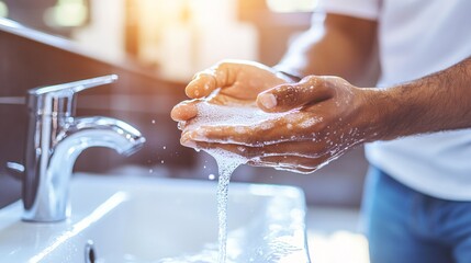A person washing their hands under clean running water in a modern bathroom representing good hygiene practices for overall health and wellness Stock Photo with side copy space