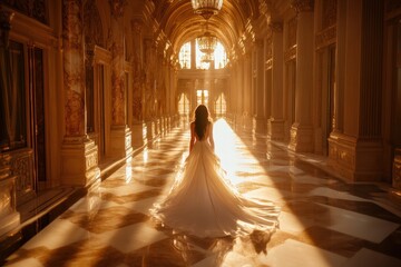 A woman in a white gown walks down a grand hallway bathed in golden light.