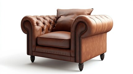 A Brown Leather Armchair with Tufted Backrest and Rolled Arms