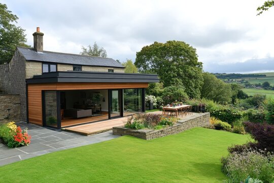 Modern extension with glass doors opening onto a patio and a green lawn.