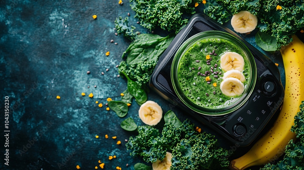 Poster a fresh green smoothie in a glass jar surrounded by spinach kale and bananas emphasizing the importa
