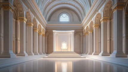 A grand white throne, illuminated by gentle light, in the center of an empty, vast hall with high ceilings and elegant architectural details.