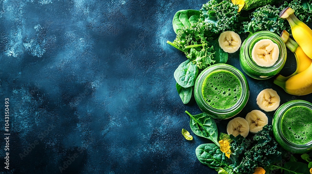 Poster a fresh green smoothie in a glass jar surrounded by spinach kale and bananas emphasizing the importa