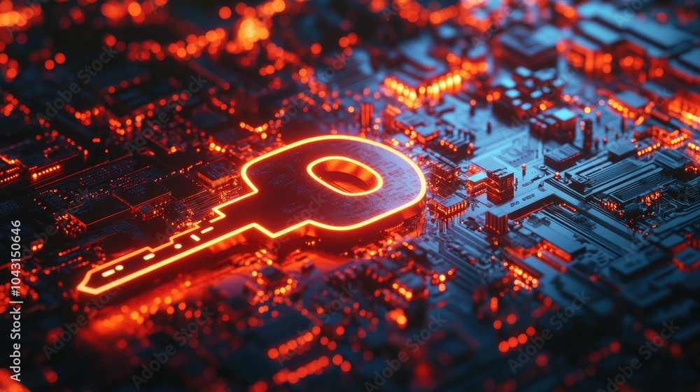 Poster a key symbol on a glowing circuit board background, 3d rendered to convey themes of technology, secu
