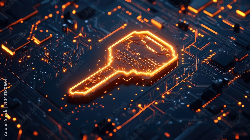 Poster a key symbol on a glowing circuit board background, 3d rendered to convey themes of technology, secu