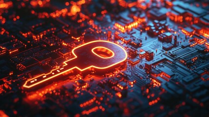 Fototapeta premium A key symbol on a glowing circuit board background, 3D rendered to convey themes of technology, security, and digital encryption.