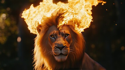 Naklejka premium A lion with flames blazing around its head, symbolizing sovereignty and power. The dramatic fire enhances its majestic and commanding presence.