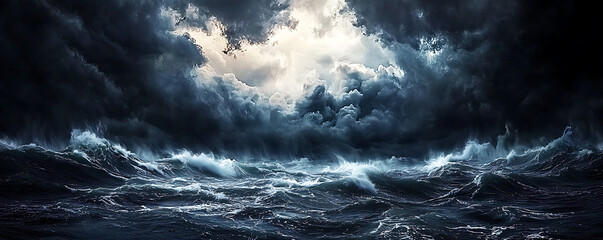 Fototapeta premium dramatic close-up view of a stormy sea with towering waves crashing under dark, swirling clouds. 