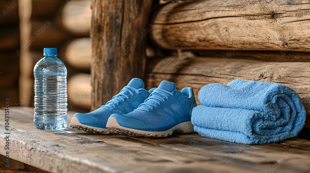 Aufkleber A pair of running shoes placed next to a water bottle and towel on a gym bench symbolizing the preparation and commitment to an active lifestyle Stock Photo with side copy space