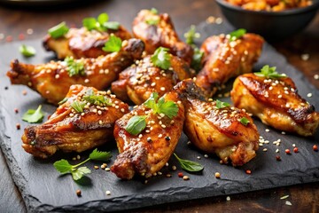 Fototapeta premium Grilled chicken wings with sesame seeds on slate plate