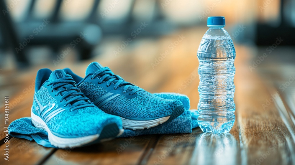 Aufkleber A pair of running shoes placed next to a water bottle and towel on a gym bench symbolizing the preparation and commitment to an active lifestyle Stock Photo with side copy space