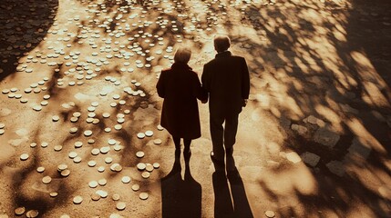 Elderly couple walking together, surrounded by coins, symbolizing financial security and retirement benefits.