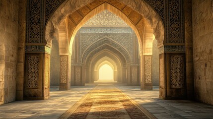 Obraz premium A peaceful Arab archway leading to a mosque, with intricate architectural patterns and soft lighting evoking a calm and spiritual atmosphere.