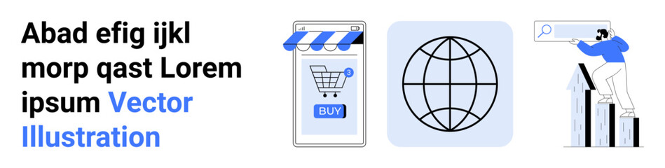 Text on the left, an online shopping cart on a smartphone in the middle, a globe, and a man analyzing graphs on the right. Ideal for e-commerce, globalization, technology, data analysis, business