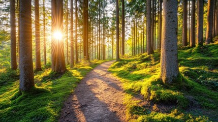 Obraz premium A serene forest path illuminated by sunlight, surrounded by tall trees and lush greenery.