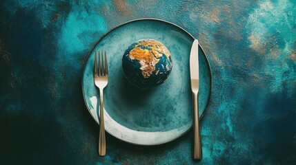 A plate with a globe set between a fork and knife, showcasing global hunger and food distribution issues, perfect for World Food Day wallpaper.
