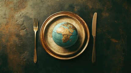 A plate with a globe set between a fork and knife, showcasing global hunger and food distribution issues, perfect for World Food Day wallpaper.