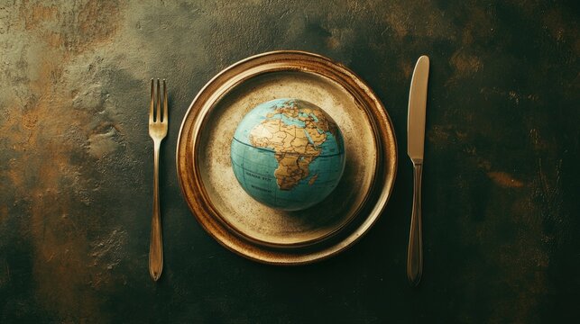 A plate with a globe set between a fork and knife, showcasing global hunger and food distribution issues, perfect for World Food Day wallpaper.