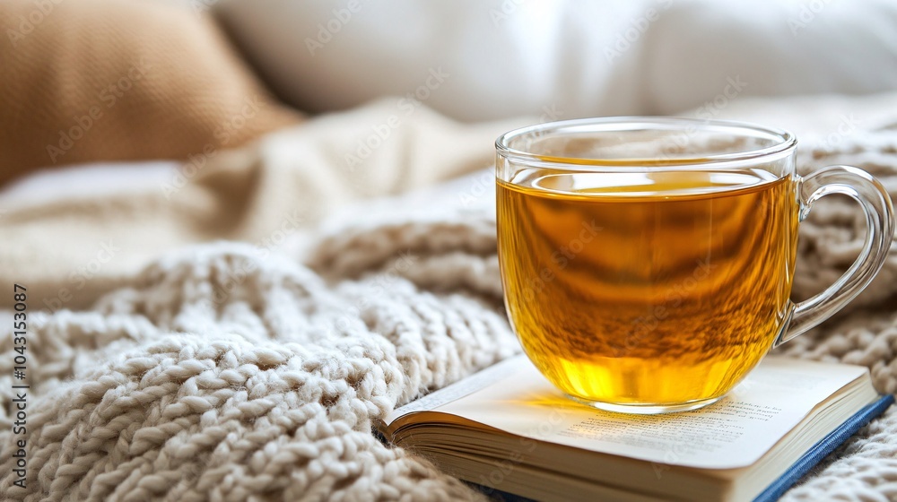 Poster a person lying in bed with a book and a cup of herbal tea on the nightstand representing restful sle