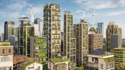 Fototapeta premium futuristic city skyline featuring modern skyscrapers with greenery, wind turbines, and solar panels, showcasing sustainable architecture and urban living